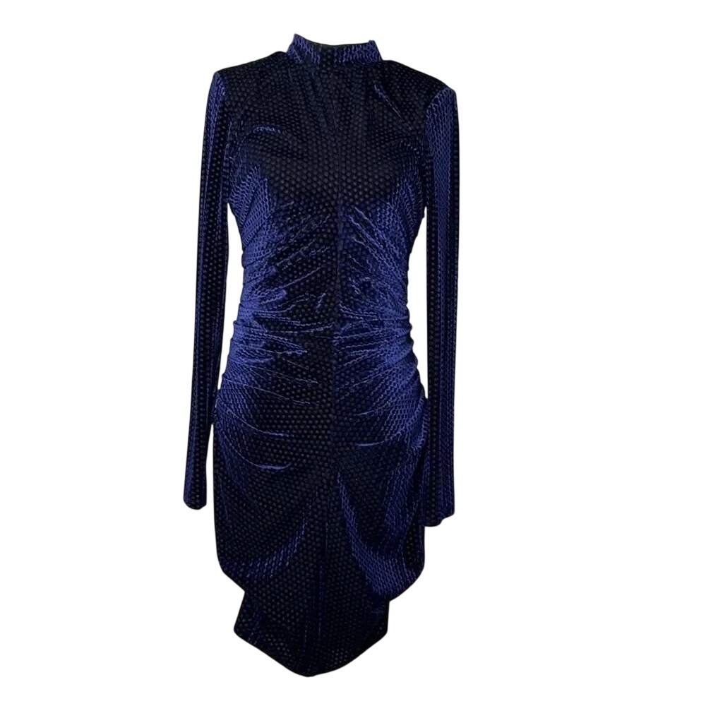 Marciano Guess Navy Blue Textured Velvet Ruched Long Sleeve Bodycon Dress Small